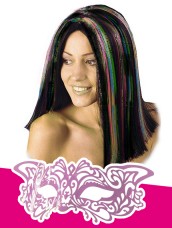 Parrucca Nera con Ciuffi Arcobaleno + Maschera