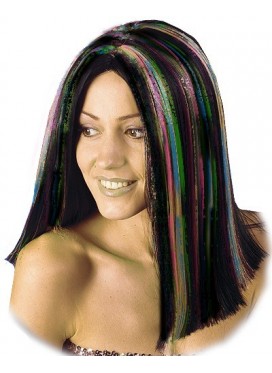 Parrucca Nera con Ciuffi Arcobaleno